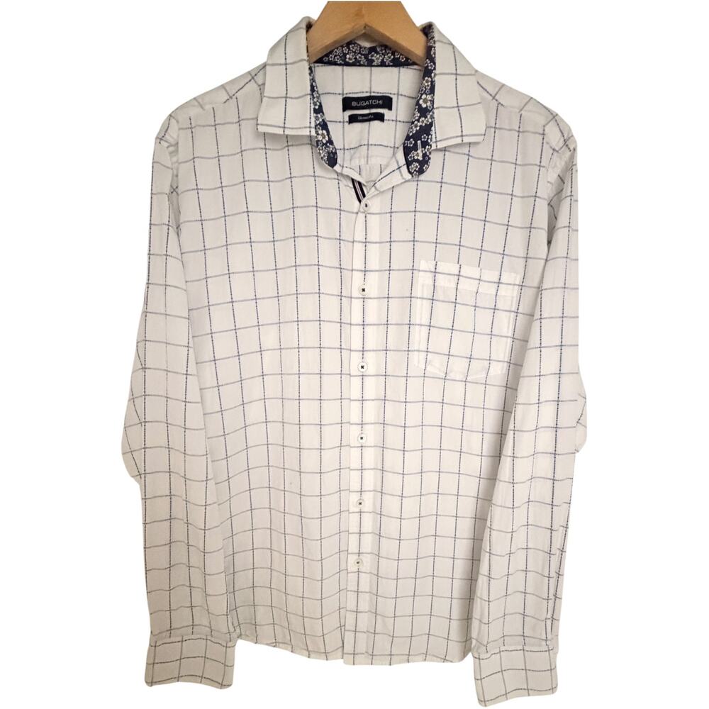 Bugatchi Men's Large White Blue Windowpane 100% Cotton Button-Up Shirt